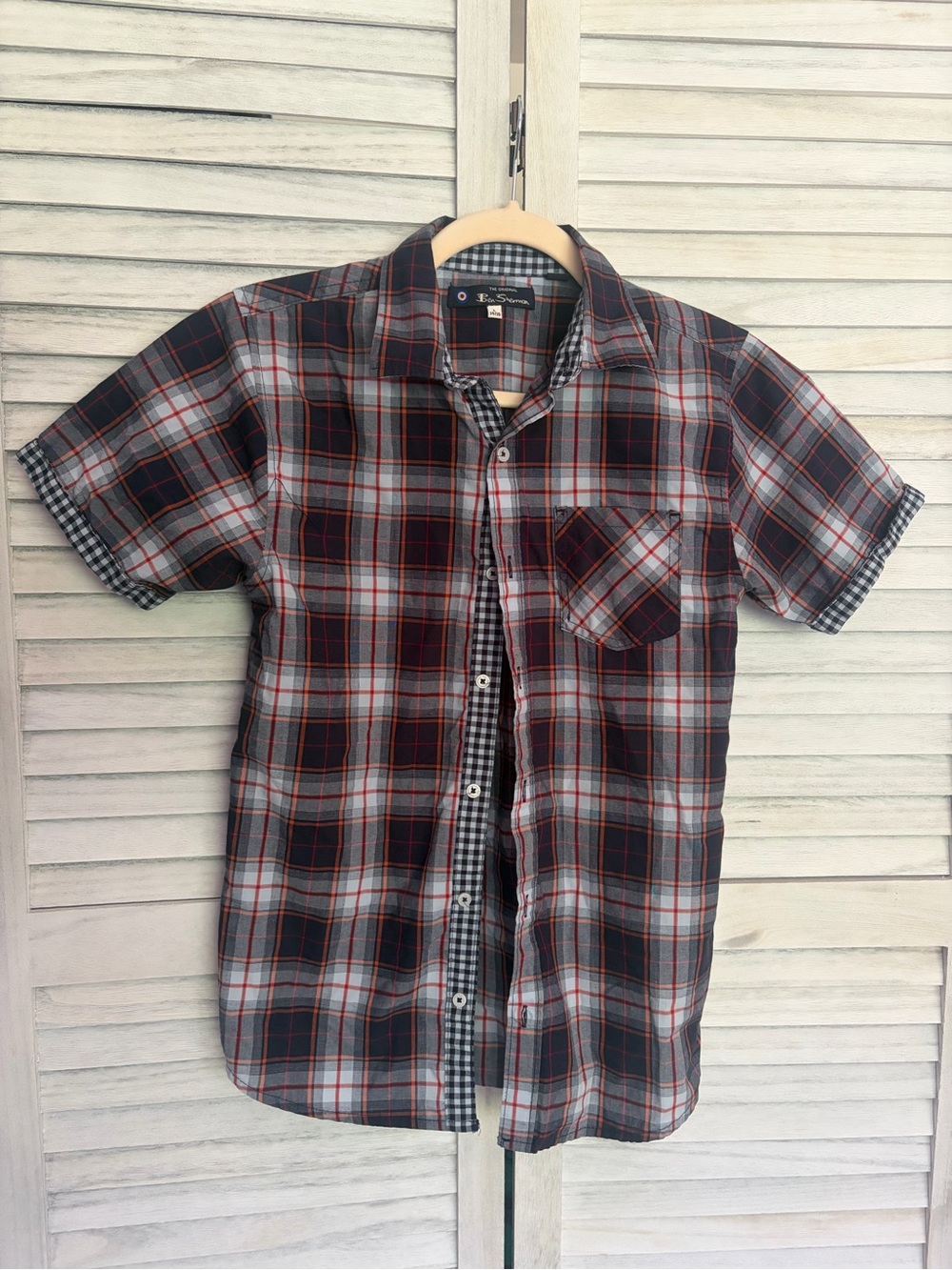 Ben Sherman Short Sleeve Plaid Button-Down Shirt - Black, Gray, Red